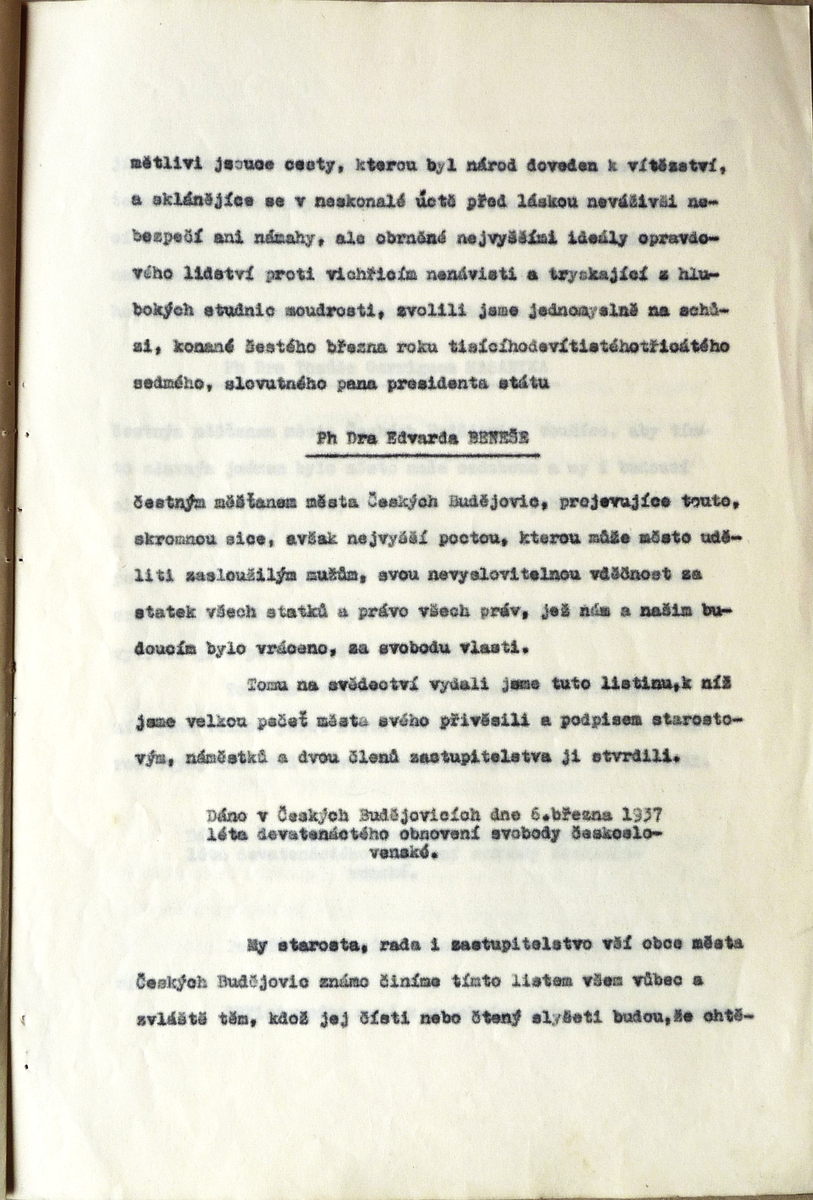 Projednání udělení čestného občanství prezidentům Masarykovi a Benešovi v městském zastupitelstvu
